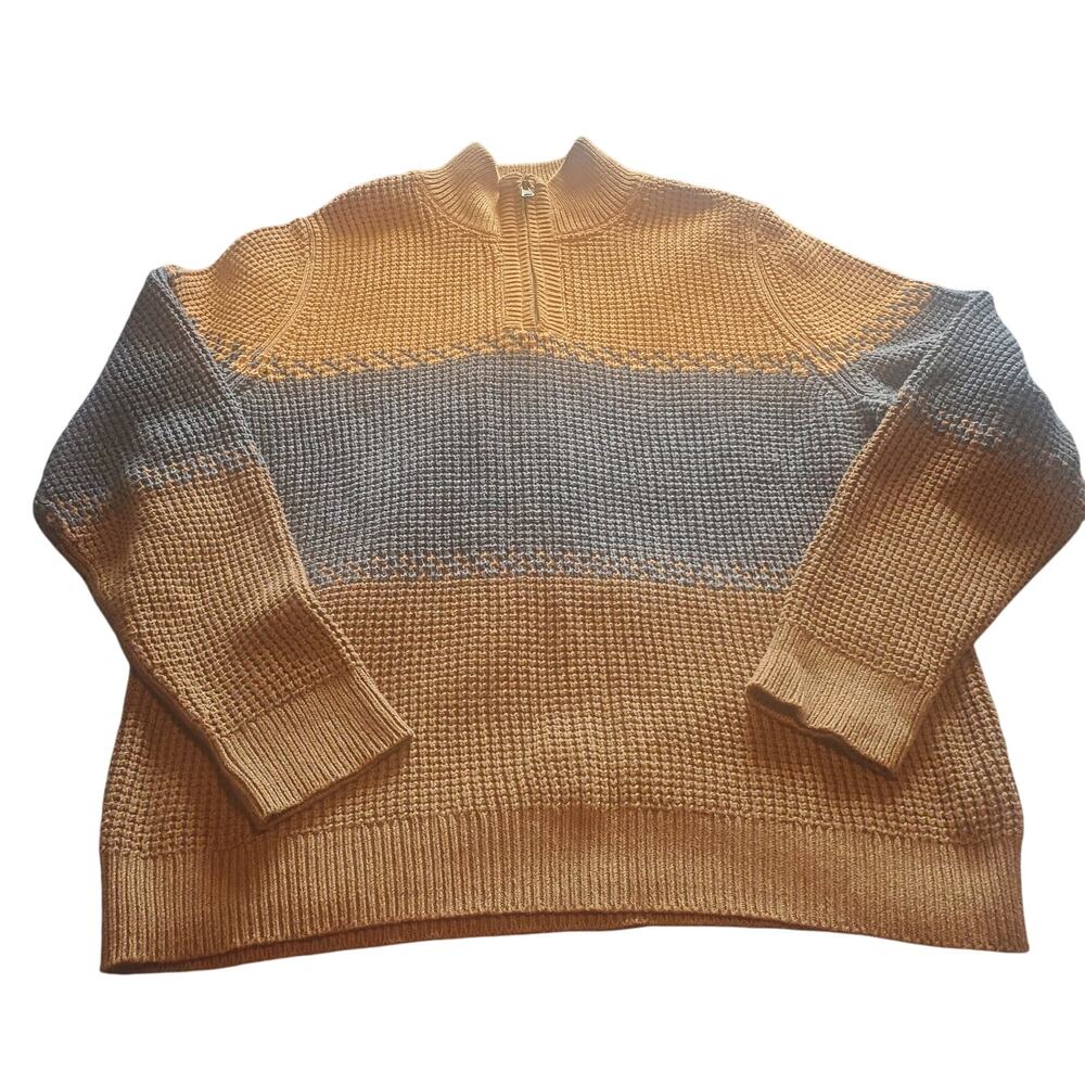 L.L. Bean Size L Organic Cotton Heavy Waffle 1/4 Zip Sweater Tan, Brown Gray